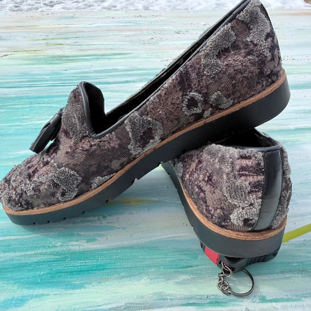 Vaneli purple and grey textured velvet tapestry loafers with black tassels